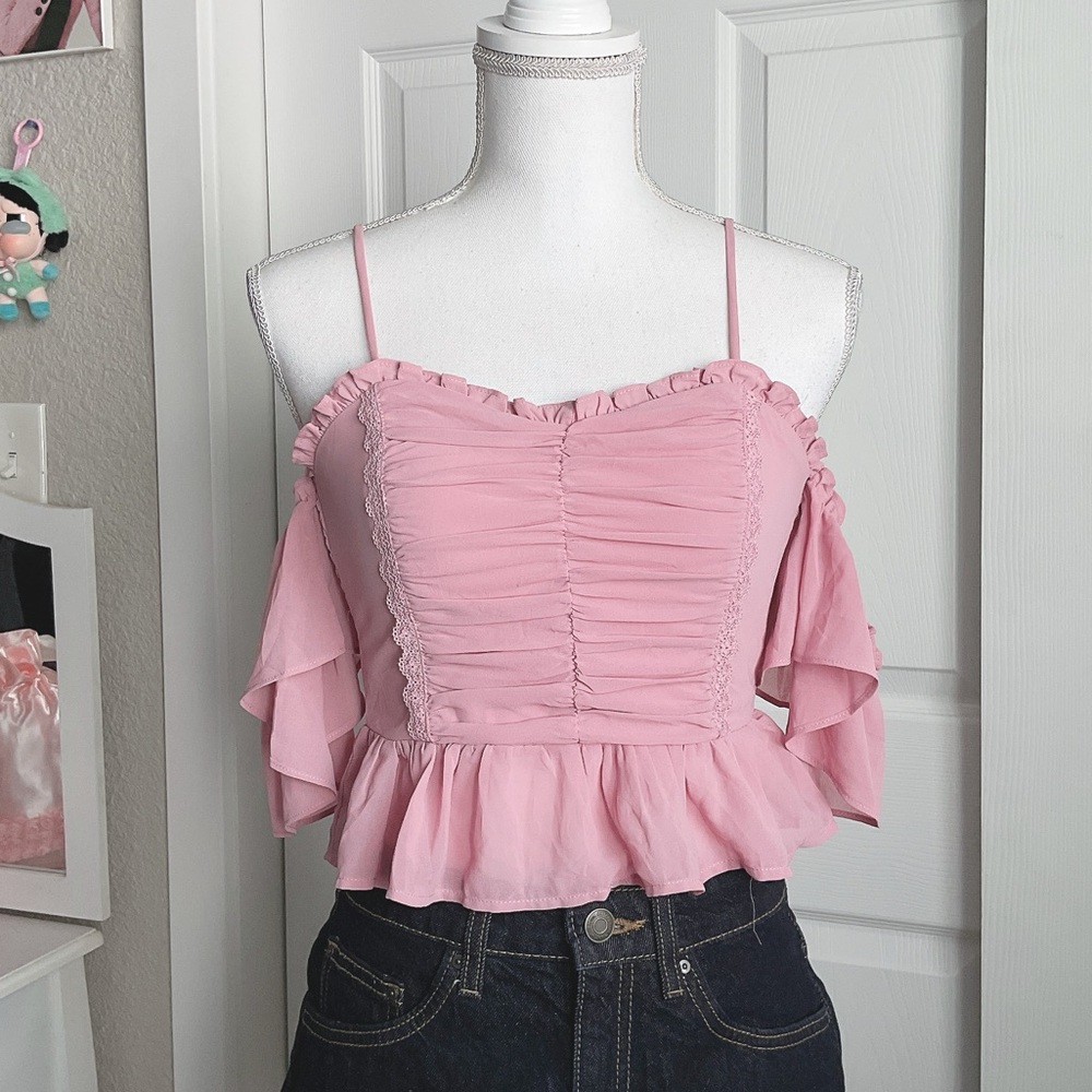 Women's Pink Ruffled Cold-Shoulder Peplum Top